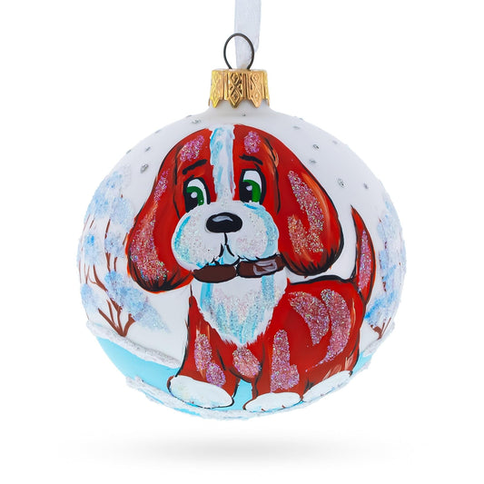 Puppy on the Snow Glass Christmas Ornament 3.25 Inches