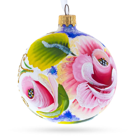 Exquisite Roses Glass Ball Christmas Ornament 3.25 Inches