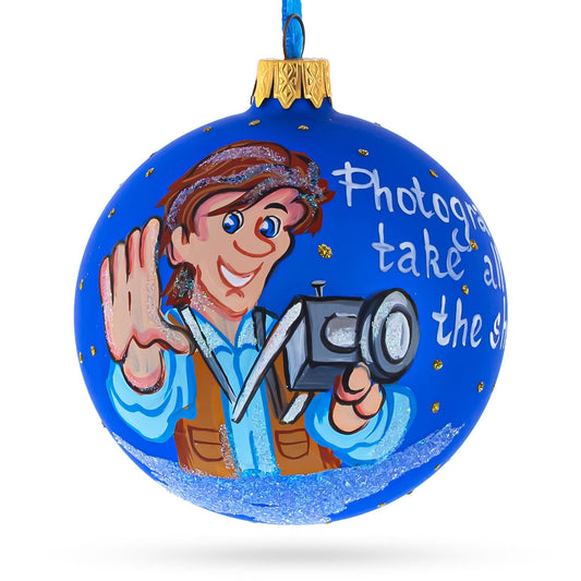 Photographer Holding Camera Glass Christmas Ornament 3.25 Inches