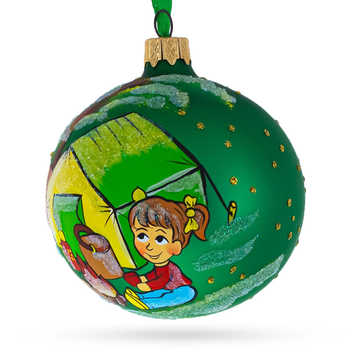 a green ball with a painting on it