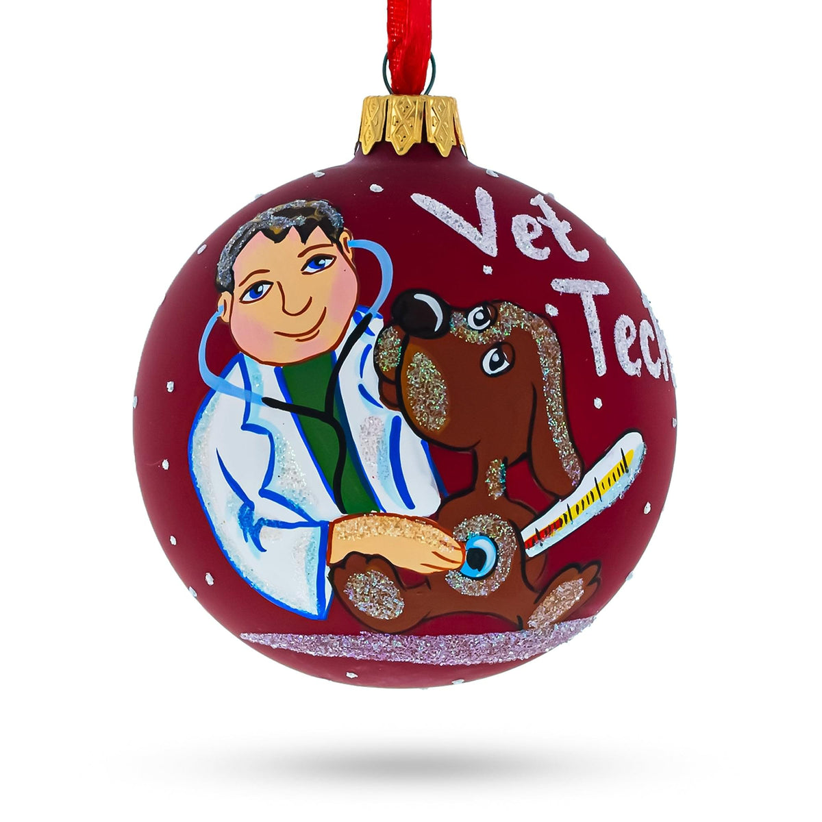 a red ball with a picture of a doctor and a dog on it