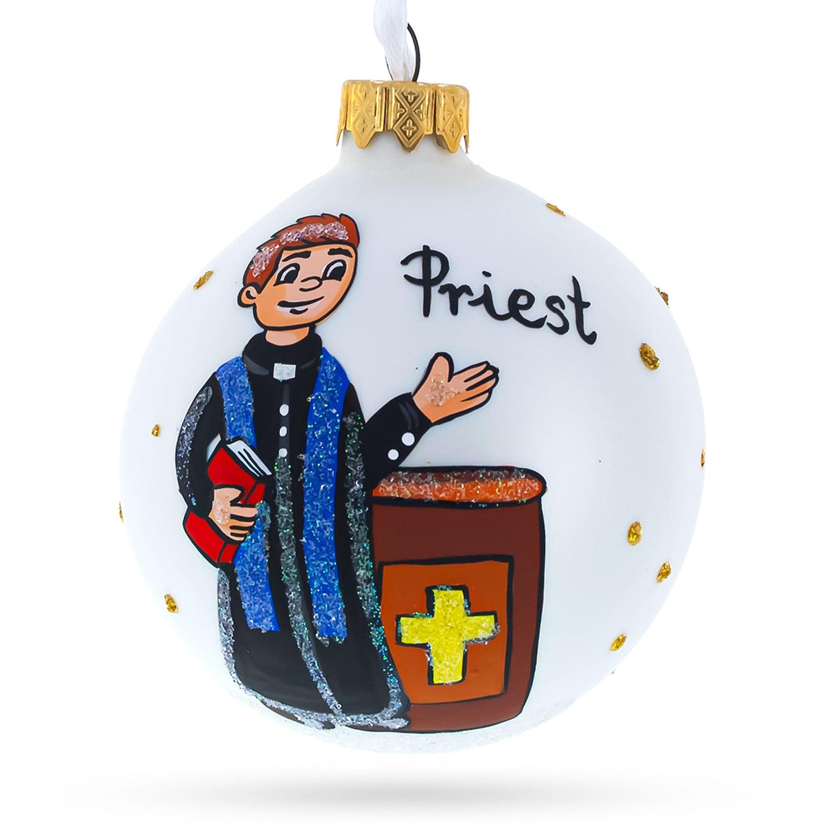 a white ornament with a man holding a book and a gold cross