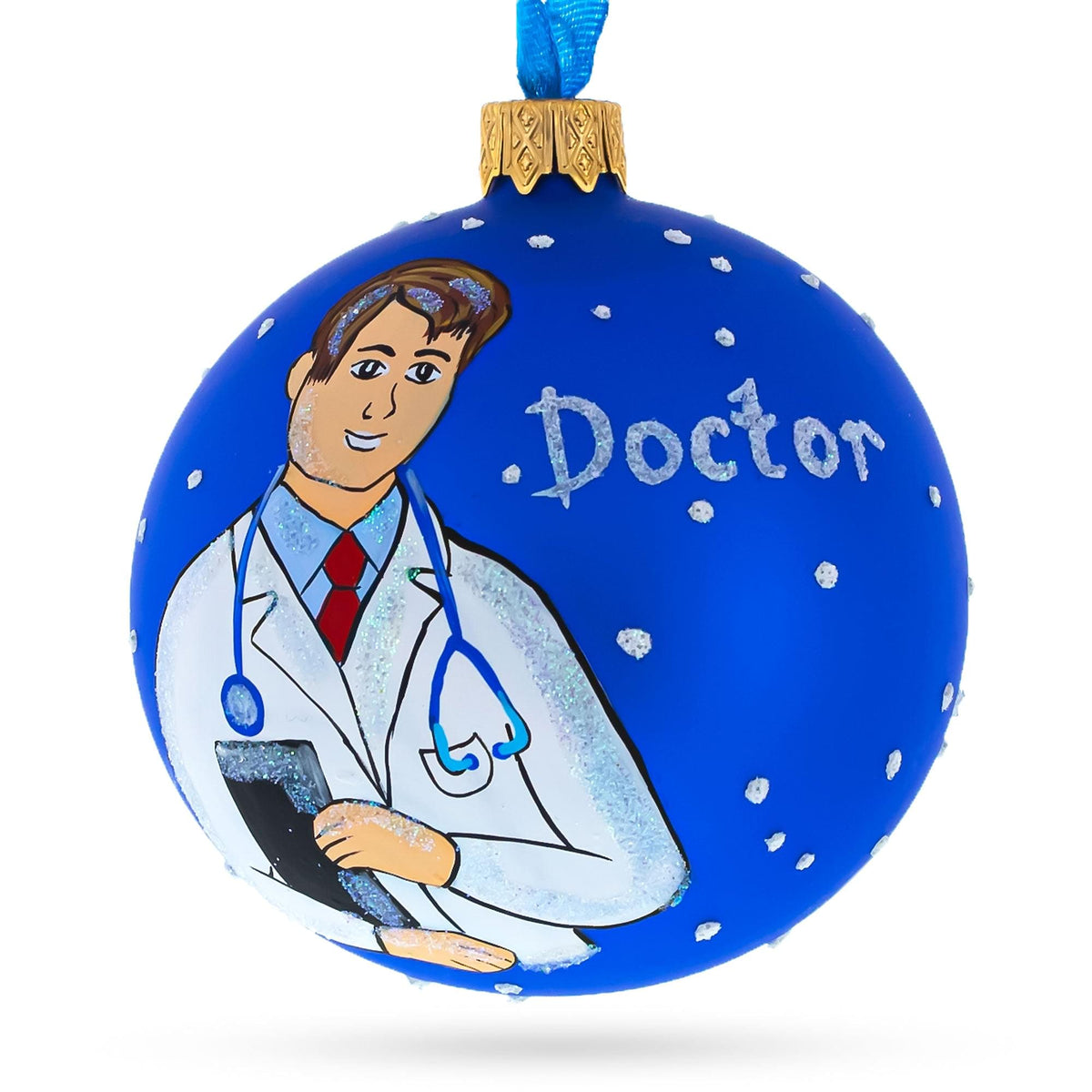 a blue christmas ornament with a doctor on it