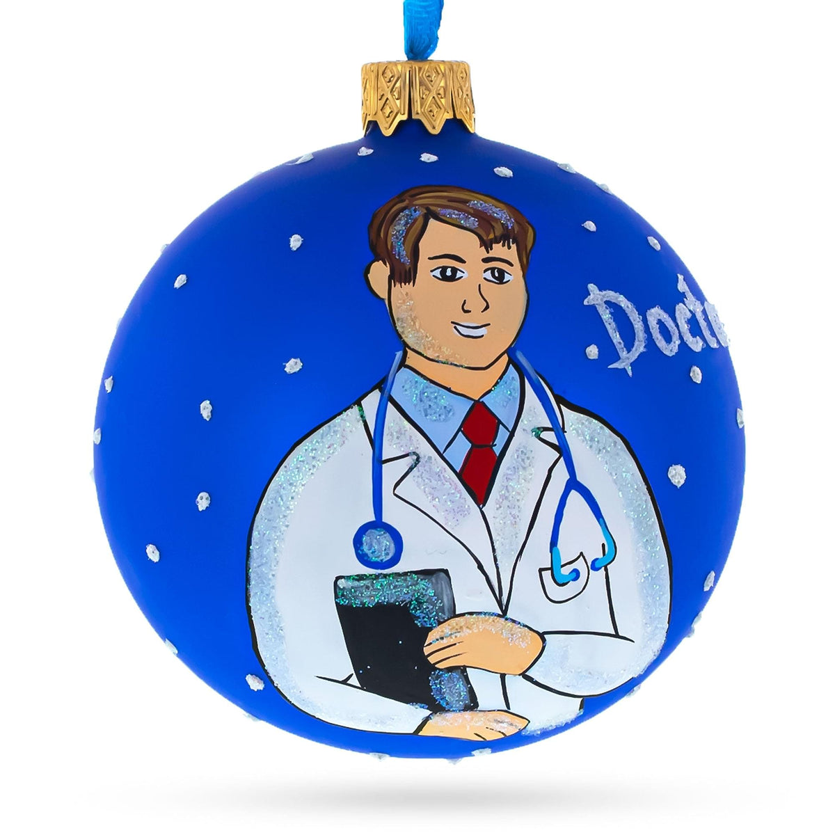 a blue and white ornament with a doctor on it