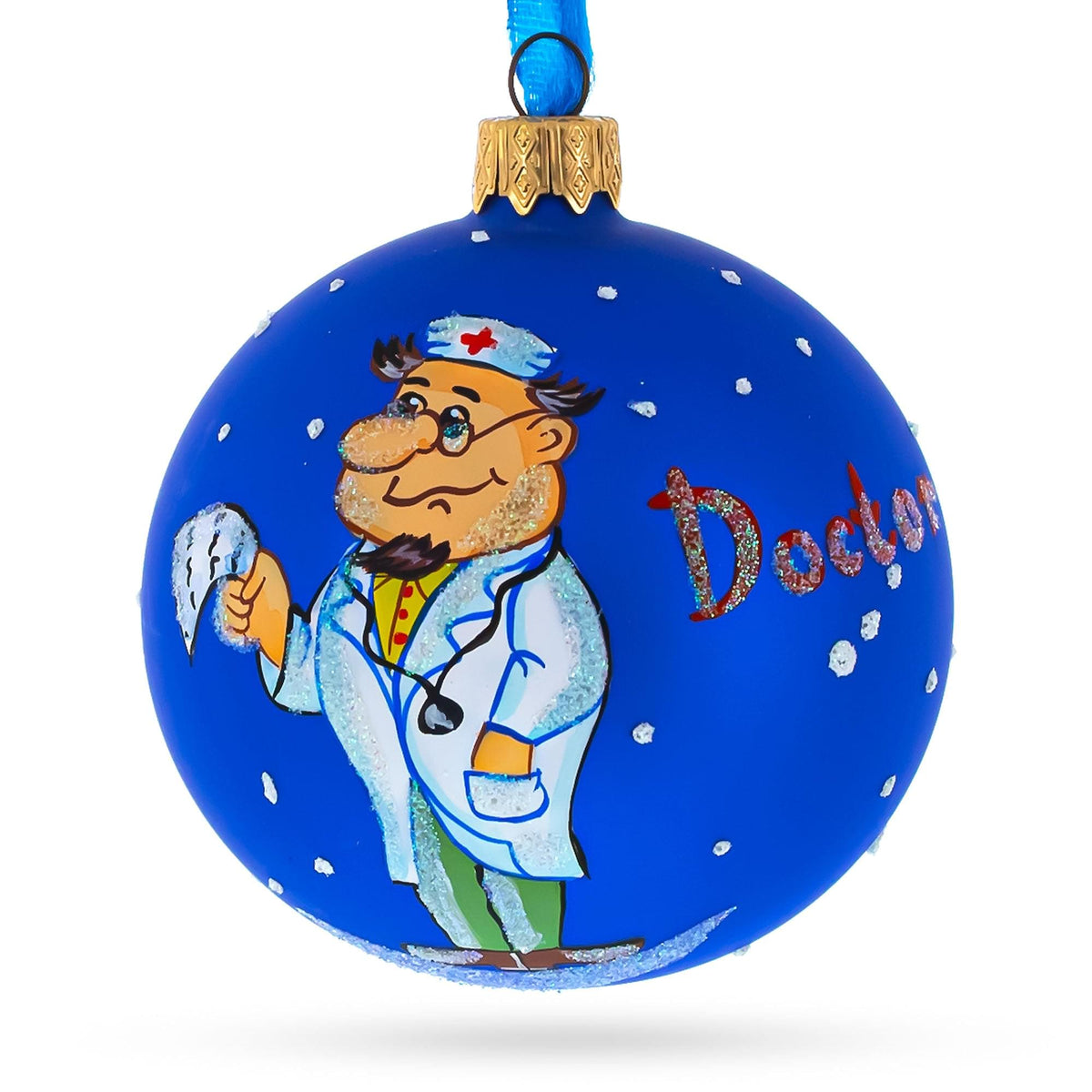 a blue christmas ornament with a doctor on it