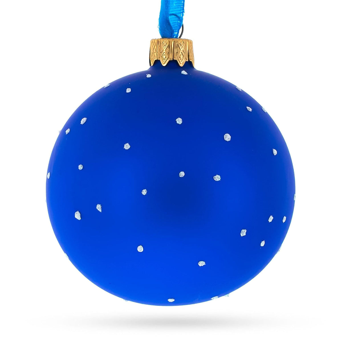a blue christmas ornament with white dots