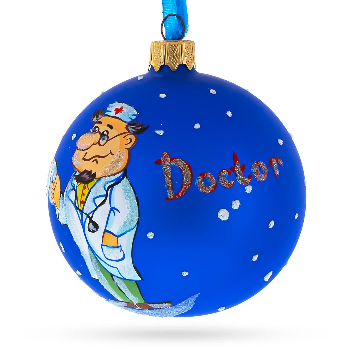 a blue christmas ornament with a doctor painted on it