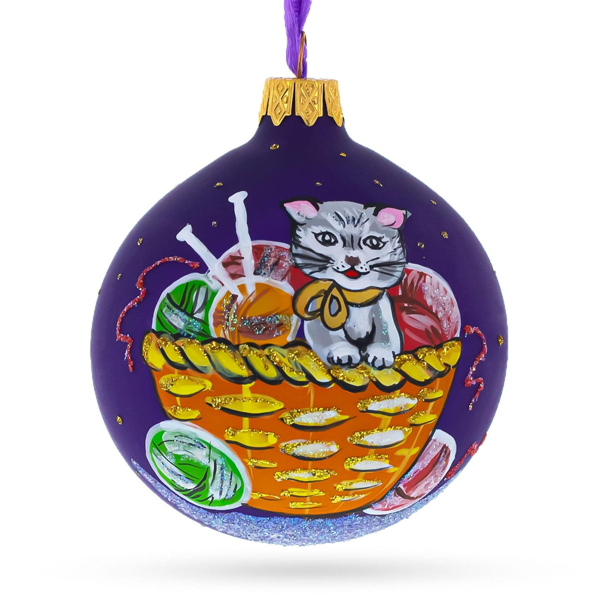 a purple ball with a cat in a basket painted on it