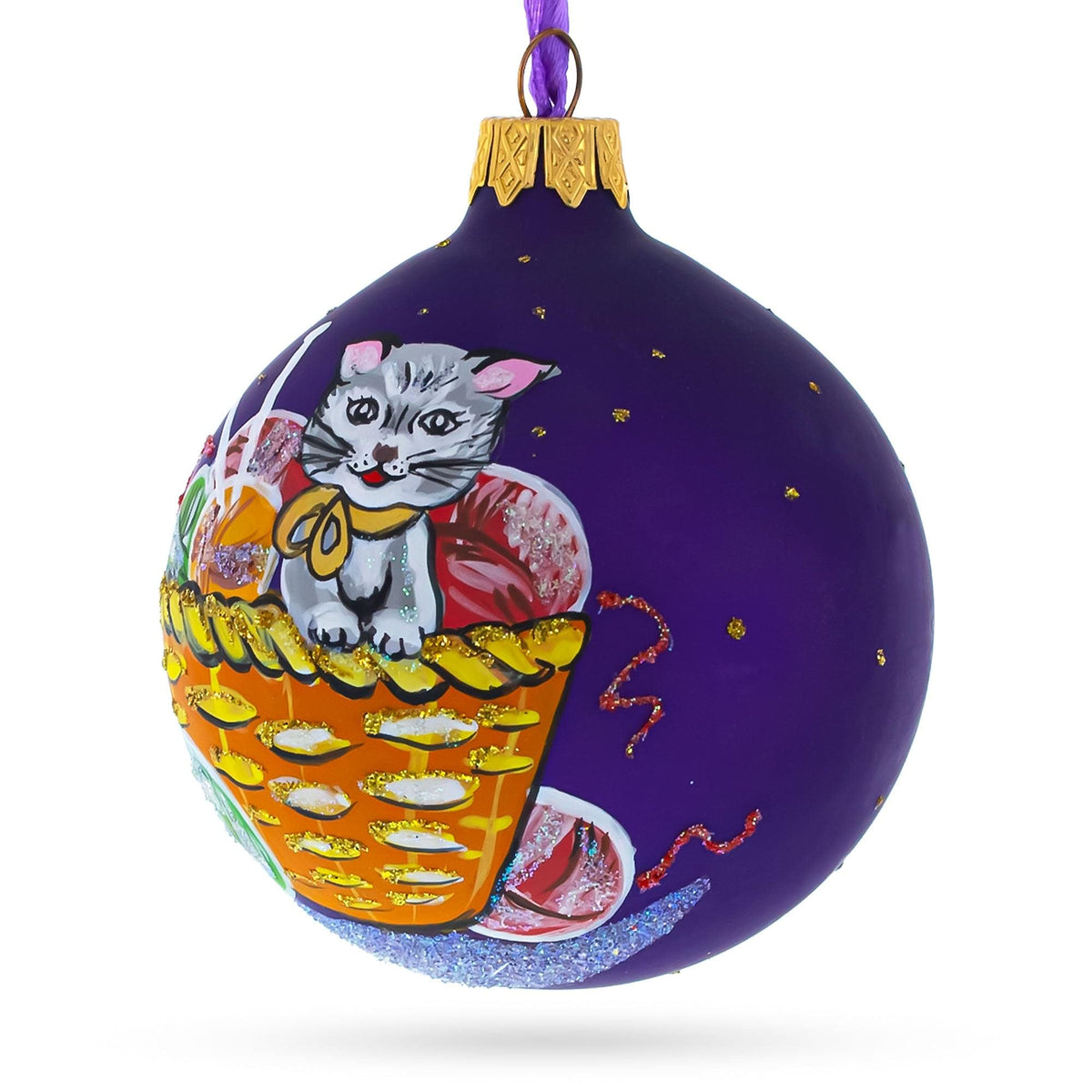 a purple ball with a cat painted on it