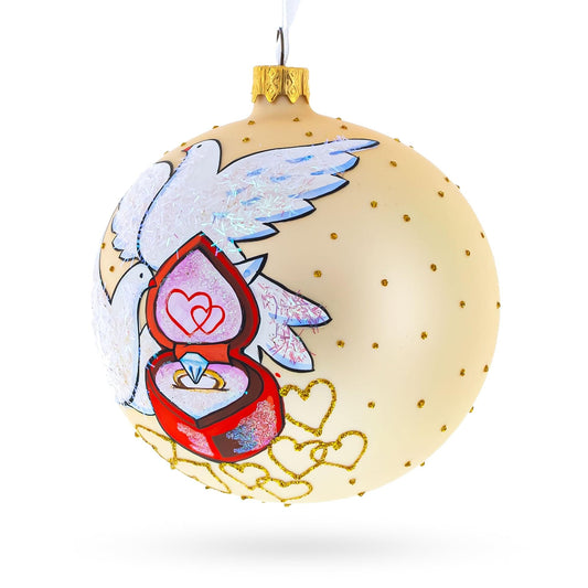 Doves and Wedding Ring Glass Ball Christmas Ornament 4 Inches