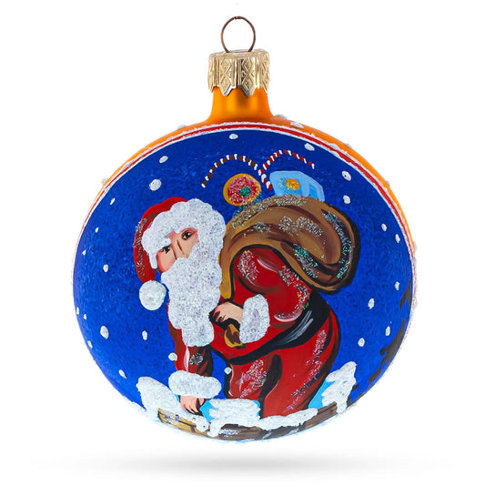 Santa Climbing Down the Chimney Glass Ball Christmas Ornament 3.25 Inches