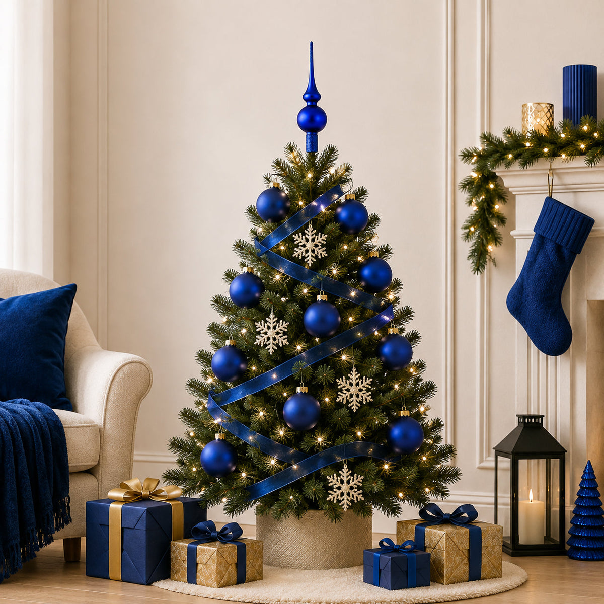 Set Of 4 Matte Blue Glass Ball Christmas Ornaments 4 Inches (002)