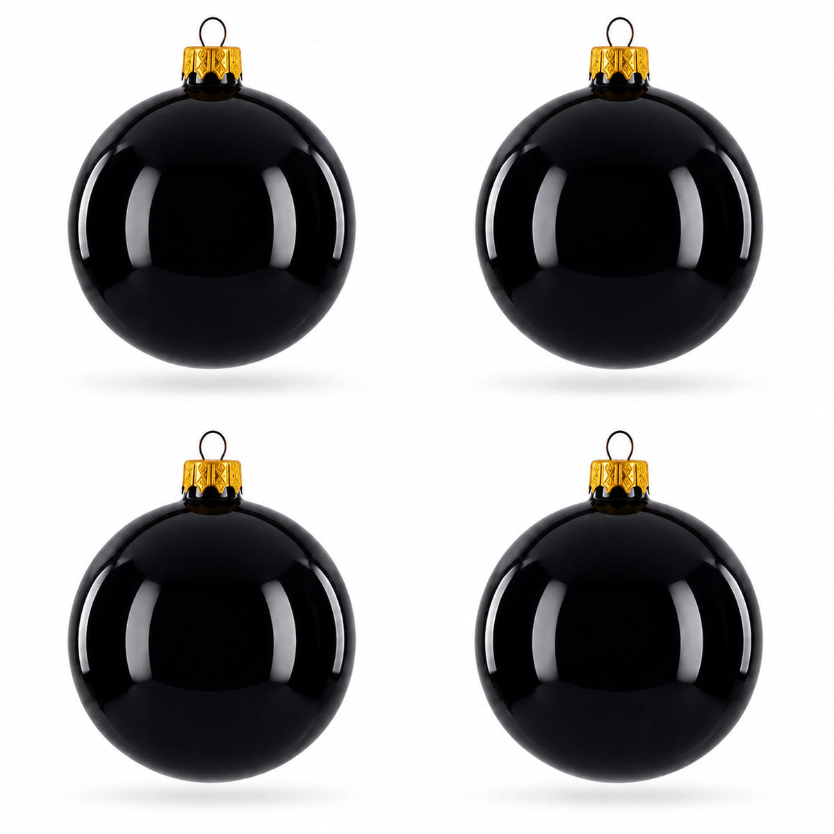 Set of 4 Glossy Black Glass Ball Christmas Ornaments 4 Inches (003)