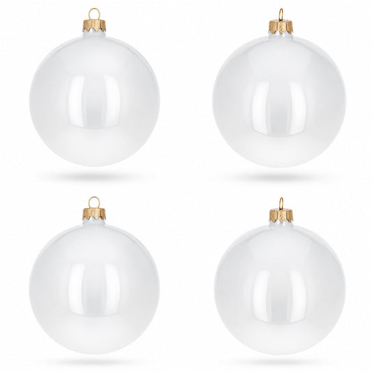 Set of 4 Glossy White Glass Ball Christmas Ornaments 4 Inches (009)