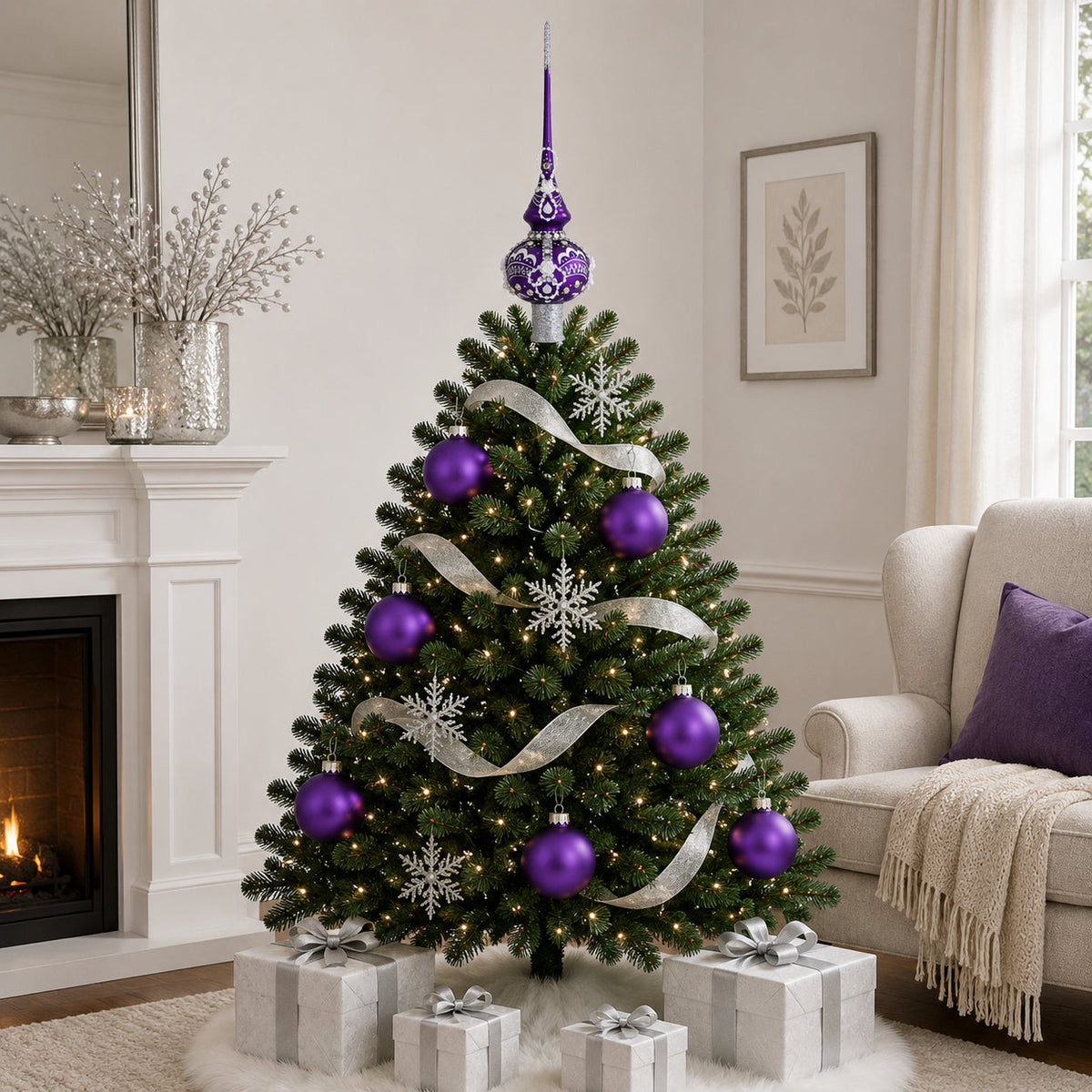 a christmas tree with purple ornaments and presents