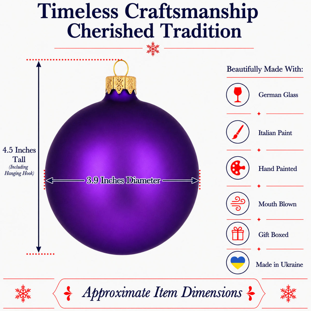 a purple christmas ornament with measurements