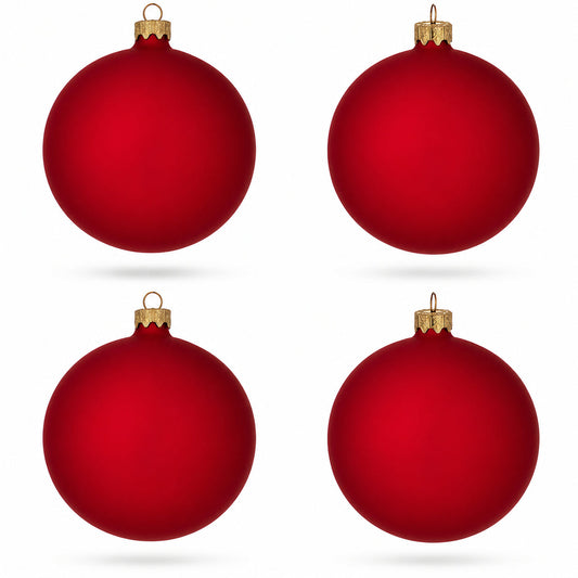 Set of 4 Red Matte Glass Ball Christmas Ornaments 4 Inches (013)