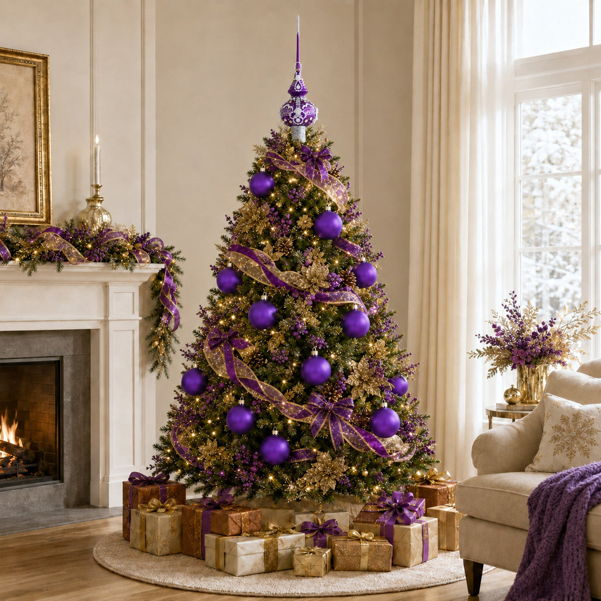 a christmas tree with presents in front of a fireplace