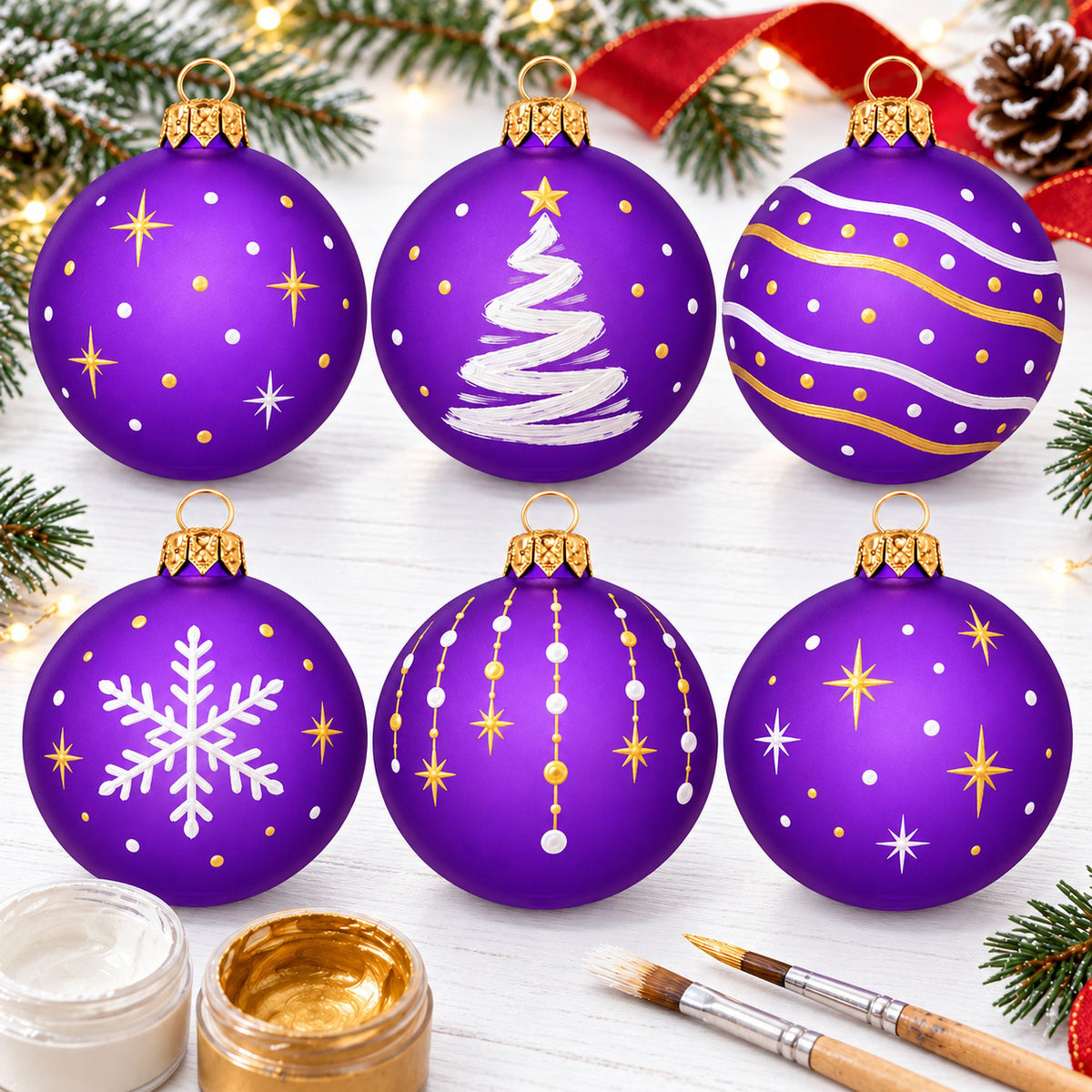 Set of 6 Translucent Purple Glass Ball Christmas Ornaments (052)