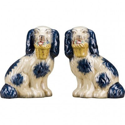 DFP Staffordshire Blue with Flower Baskets Chinoiserie Dogs Pair Figurines