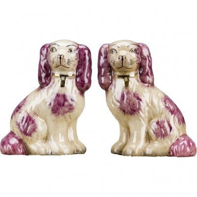DFP Staffordshire Pink with Gold Detail Chinoiserie Dogs Pair Small Figurines
