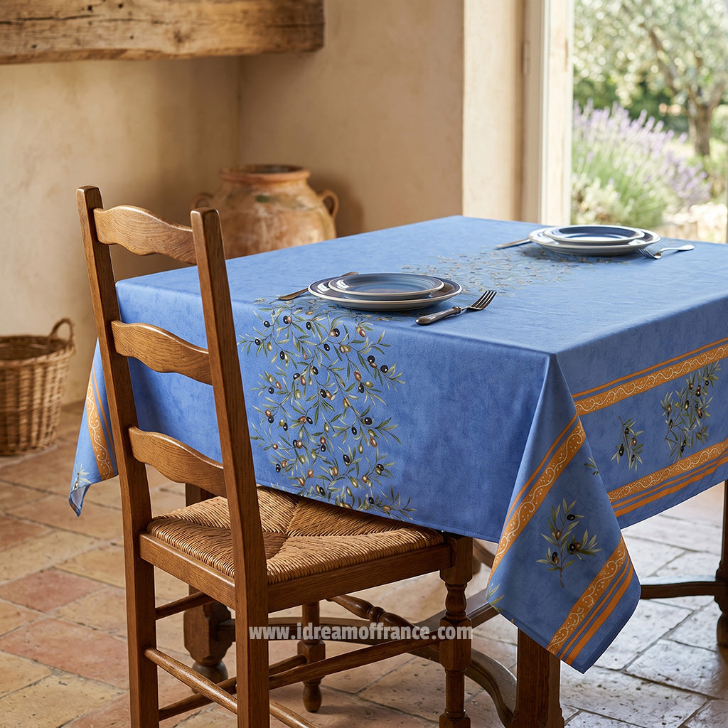 French Provencal tablecloth - Acrylic coated cotton, Spill-proof - 60" square - Clos des Oliviers blue | Label France