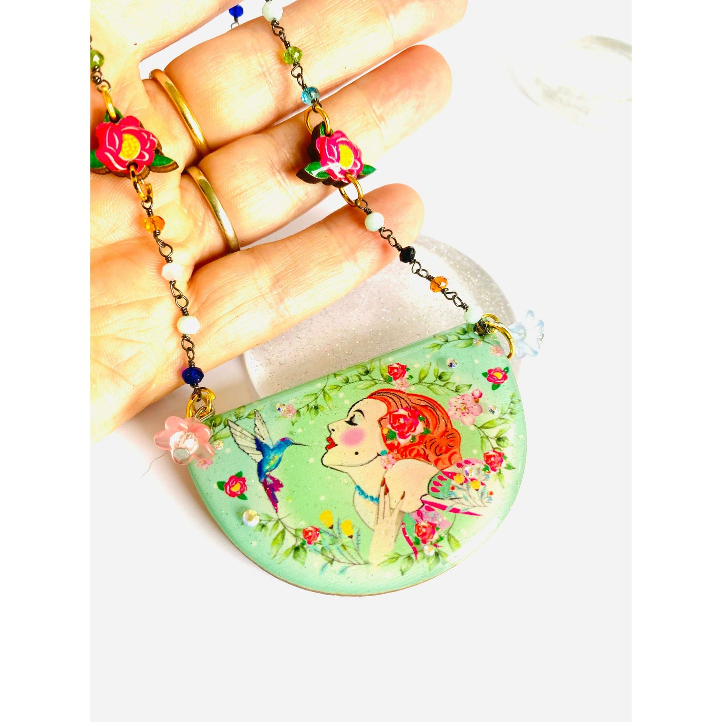 Lady and Hummingbird Statement Necklace by Rosie Rose Parker