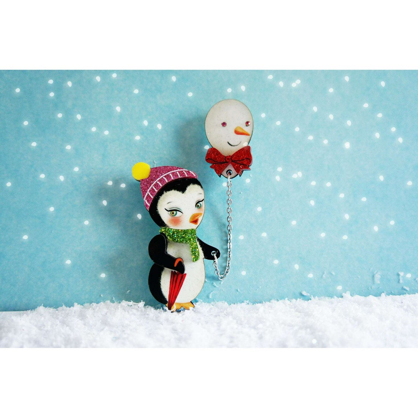 Festive Penguin with Balloon Brooch by Laliblue