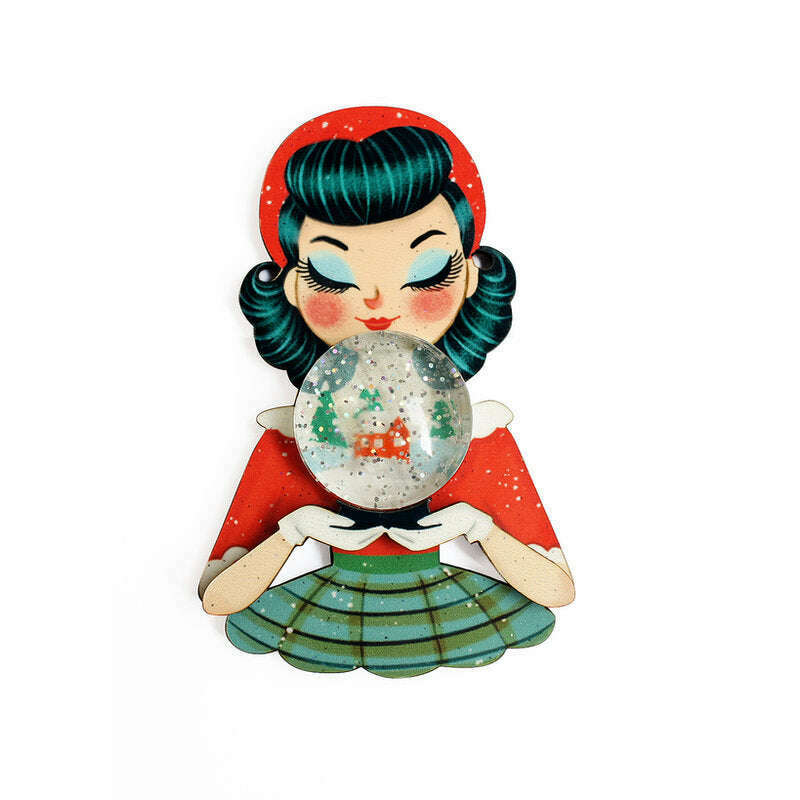 Girl with Snowman Snow Globe Brooch by Laliblue