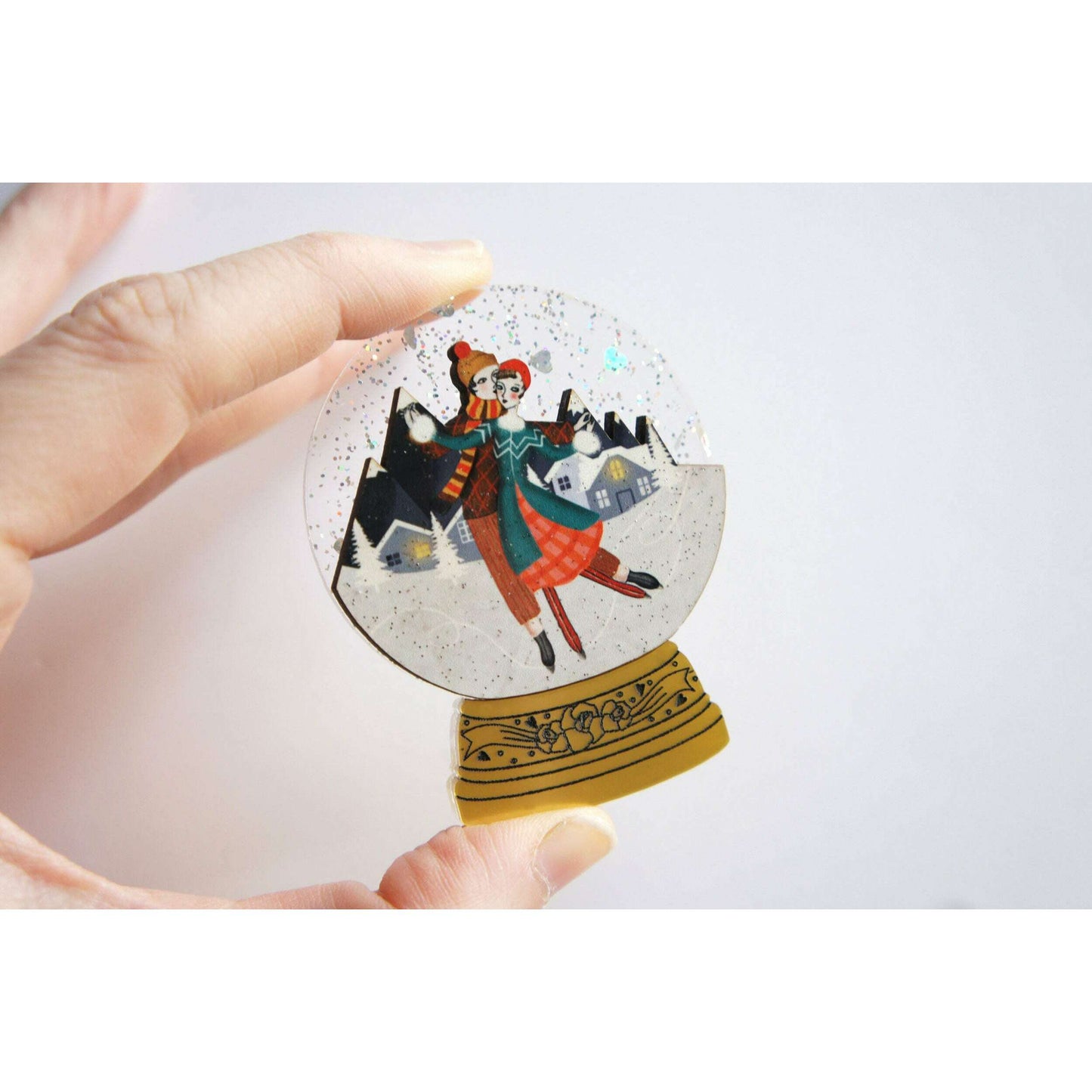 Ice Skating Snow Globe Brooch by Laliblue