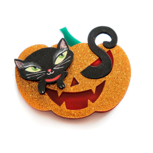 Pumpkin with Black Kitten Brooch by Laliblue