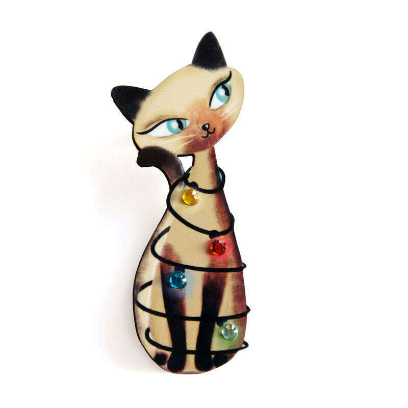 Siamese Cat with Christmas Lights Brooch by Laliblue