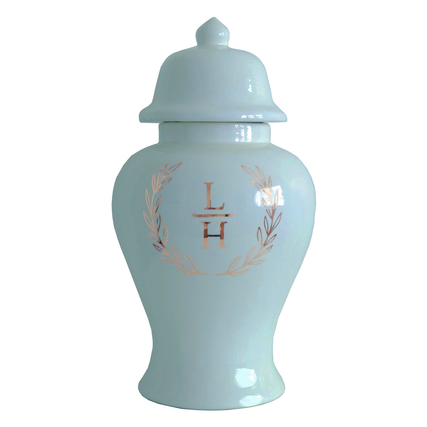 Laurel Wreath Monogram Ginger Jars in Robin's Egg