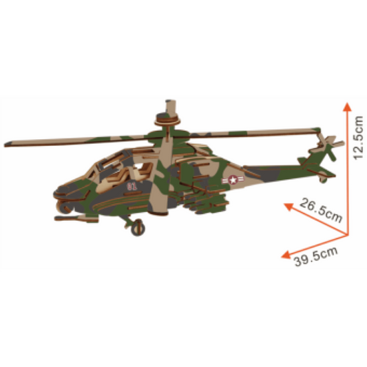 Apache Helicopter Model Kit - Wooden Laser-Cut 3D Puzzle (82 Pcs)