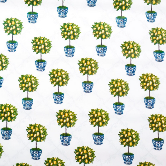 a pattern of lemon trees in blue and white pots