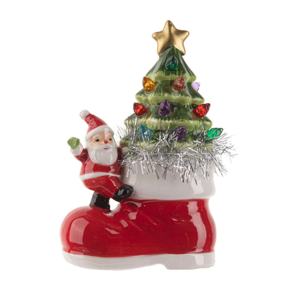 Light Up Ceramic Snowman w/Tree in Boot Figurine