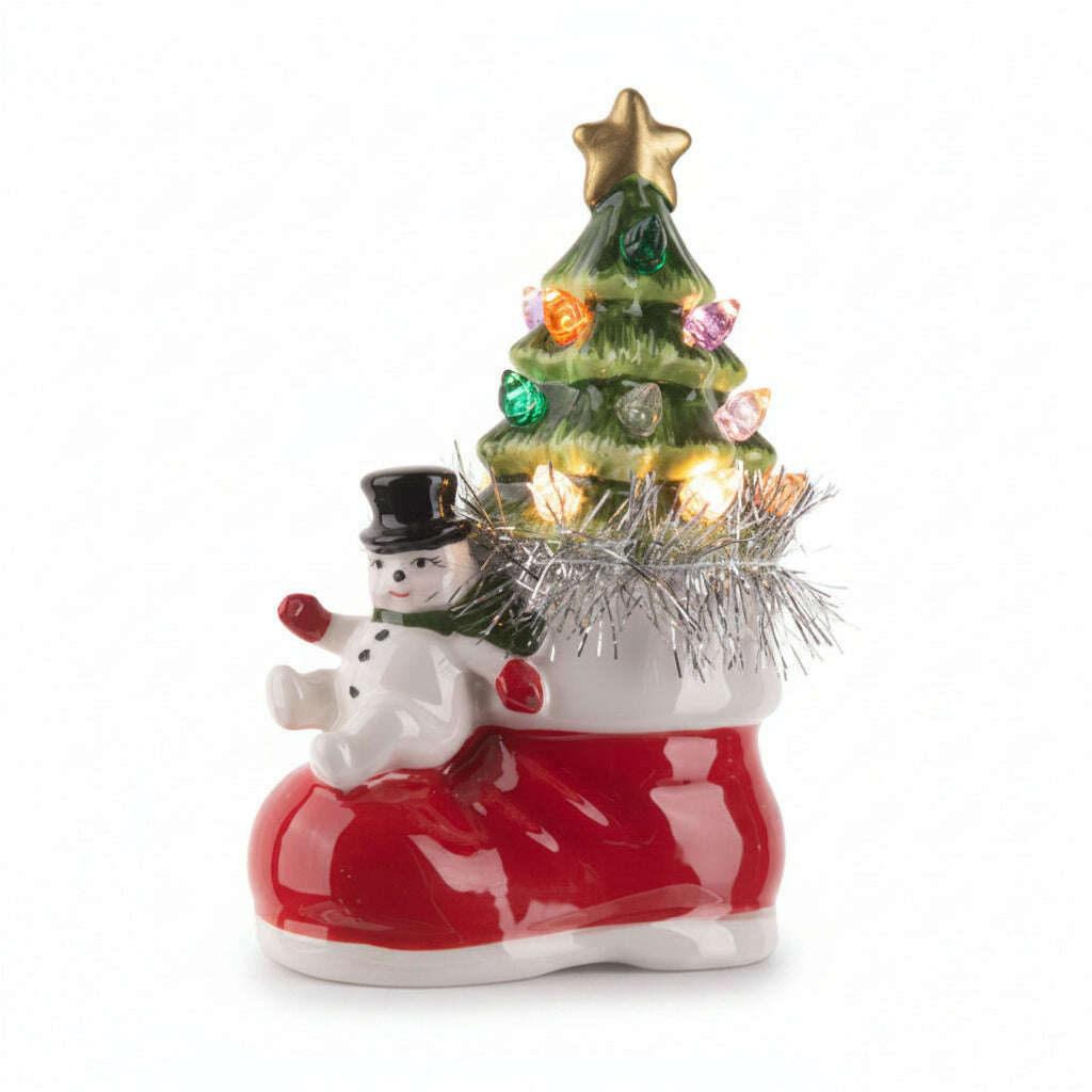 Light Up Ceramic Snowman w/Tree in Boot Figurine