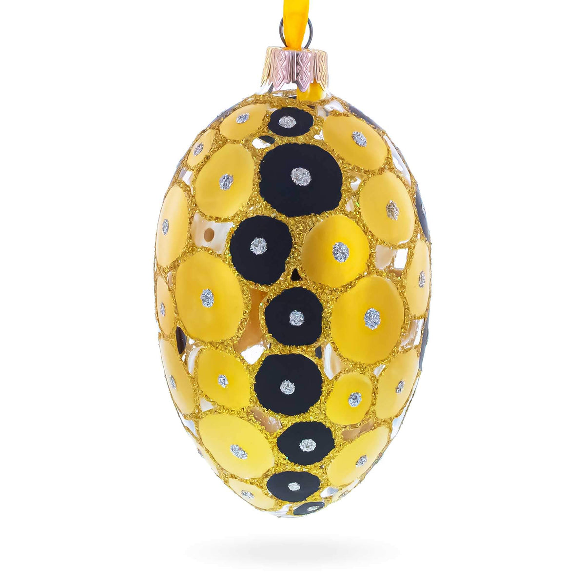 Gold and Black Circles Glass Egg Christmas Ornament 4 Inches