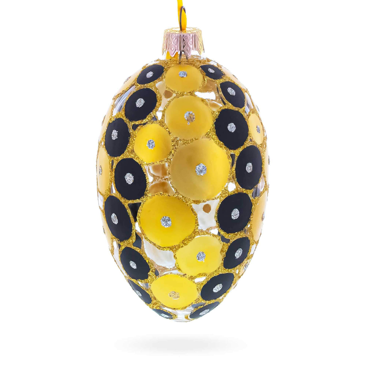 Gold and Black Circles Glass Egg Christmas Ornament 4 Inches