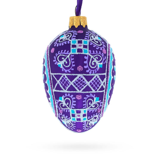 a purple ornament with blue and white designs
