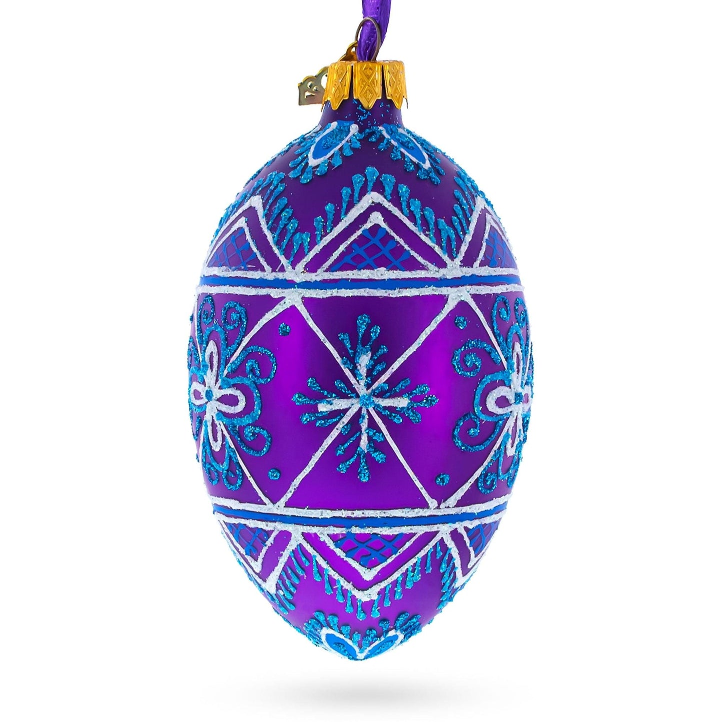 White Stars on Purple Glass Egg Ornament 4 Inches