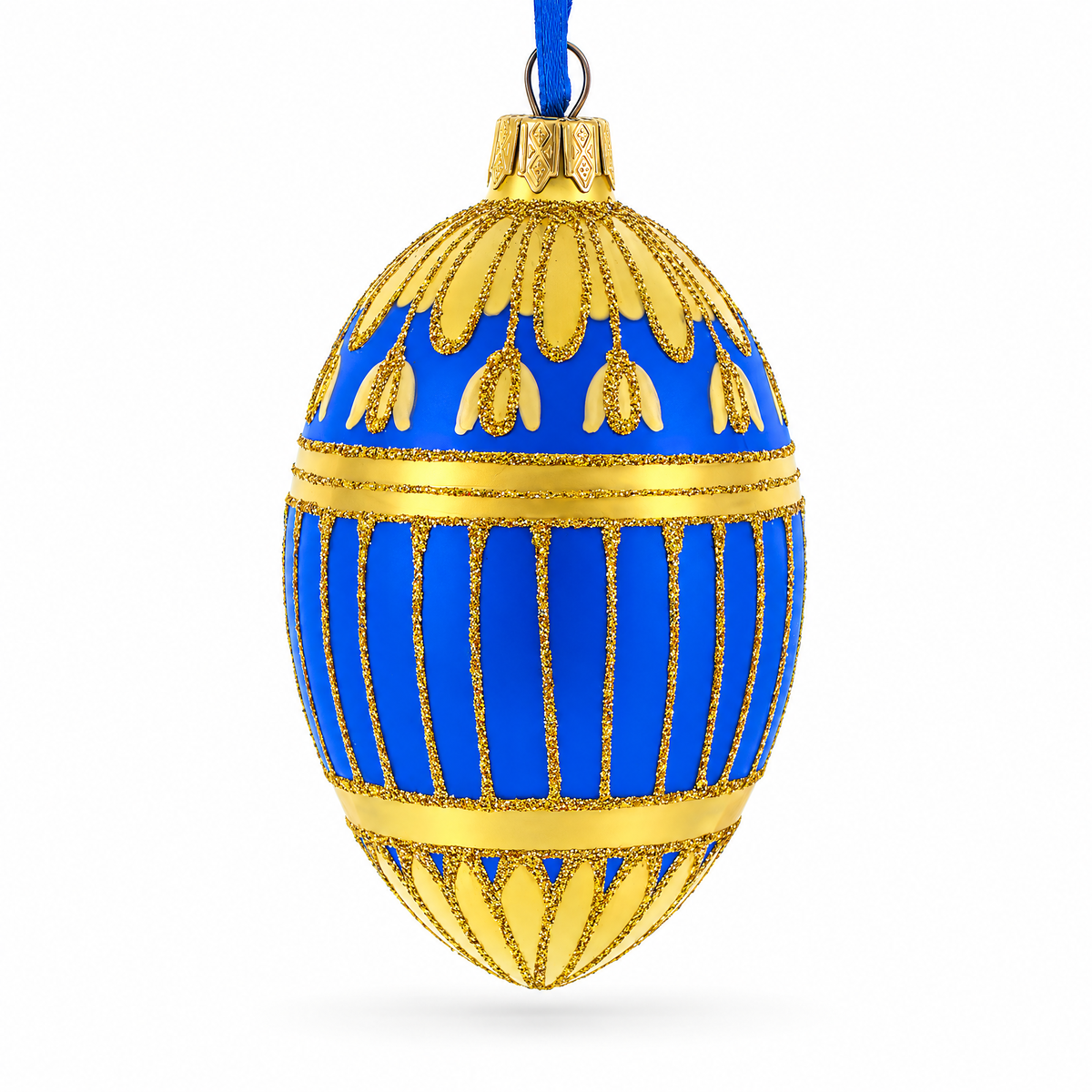 1885 Blue Enamel Ribbed Royal Egg Glass Ornament 4 Inches