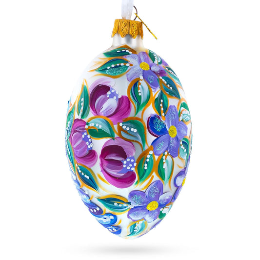 Blye Songbird with Blossoms Glass Egg Ornament 4 Inches