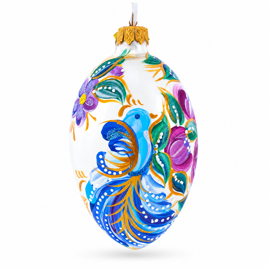 Blye Songbird with Blossoms Glass Egg Ornament 4 Inches