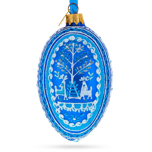 Two Deer in Forest Ukrainian Glass Egg Ornament 4 Inches