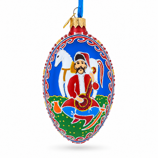 a blue and red ornament with a man playing a lute