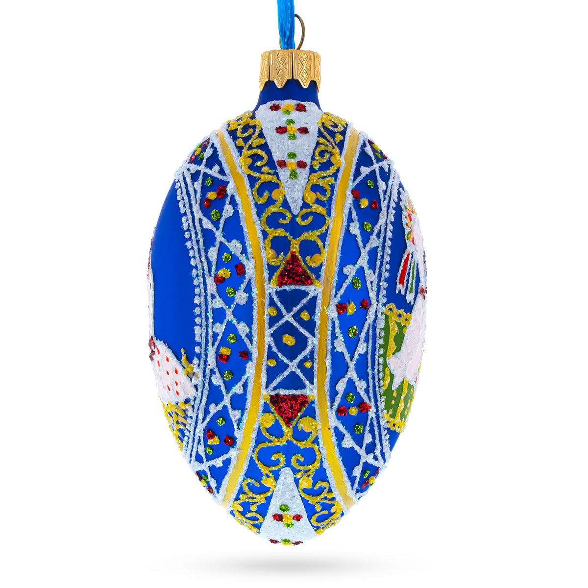 a blue and gold decorated egg ornament