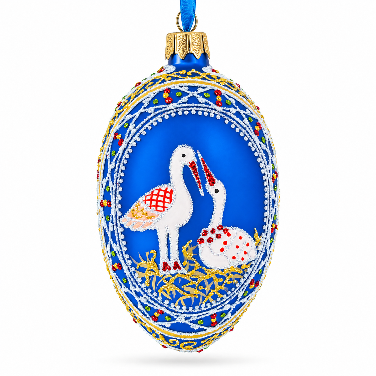 a blue and gold decorated christmas ornament