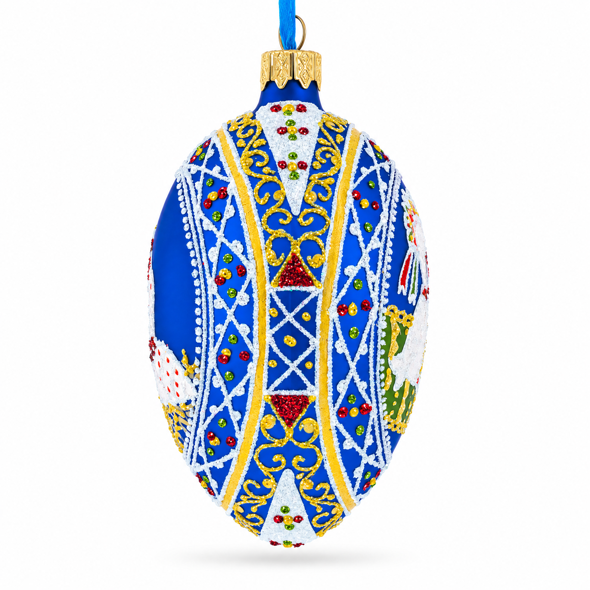 a blue and yellow decorated egg ornament