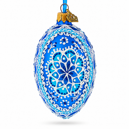 a blue and white decorated christmas ornament